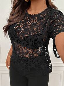 Femmeverse 新款蕾丝薄纱上衣，花卉袖，优雅荷叶边领，针织弹力腰阔腿裤 - 黑色 - 查看 9