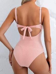 SHEIN Swim Áo tắm liền thân gợi cảm dành cho nữ, kẻ sọc, khoét eo phía trước, buộc dây phía sau, thích hợp cho mùa hè. - Nhiều màu - Xem 2