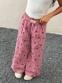 Coolane Kids Quần ống rộng màu đỏ, họa tiết đường phố, dành cho bé gái tuổi teen, phong cách xuân hè. - Đỏ - Xem 1