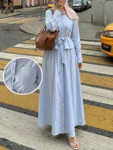 Mulvari 女士纯色单排扣打结上衣和半裙两件套，时尚约会之选 - 藍色 - 查看 7