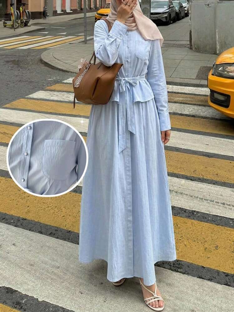 Solavon Women's Solid Color Single-Breasted Knotted Top And Skirt 2 Pieces Set, Fashionable For Dates - Blue - View 7