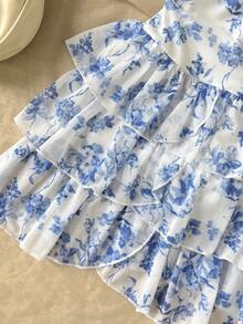 SHEIN 少女露背系带碎花扭结荷叶边时尚约会连衣裙，适合夏季穿着 - 藍白色 - 查看 5