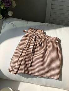 Comfortcana 女士休闲棕色条纹抽绳腰短裤，夏季 - 棕色 - 查看 4