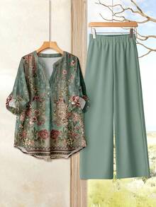 Rusticease Bộ đồ hai mảnh nữ phong cách cổ điển lãng mạn thanh lịch với họa tiết hoa lá, áo tay dài kết hợp với quần thoải mái, trang phục thường ngày đa năng. - Màu Khaki - Xem 4