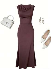 DAZY Women's Elegant Solid Color Draped Neck Tank Top And Straight Skirt 2-Piece Set, Summer - Purple - View 9