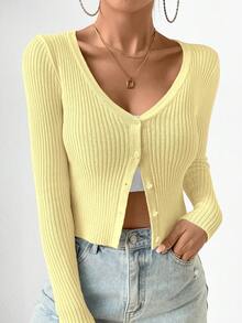 EMERY ROSE Women's Ribbed Fitted Single-Breasted Knit Cardigan,Long Sleeve Button Cover Up,Beach,Vacation,Spring & Summer,Pale Yellow,Casual,Occasion - Yellow - View 6