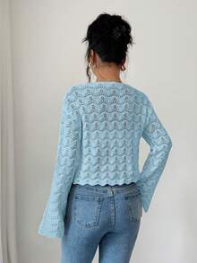 Elenzga Women's Elegant Tie-Front Hollow Out Cardigan - Blue - View 2