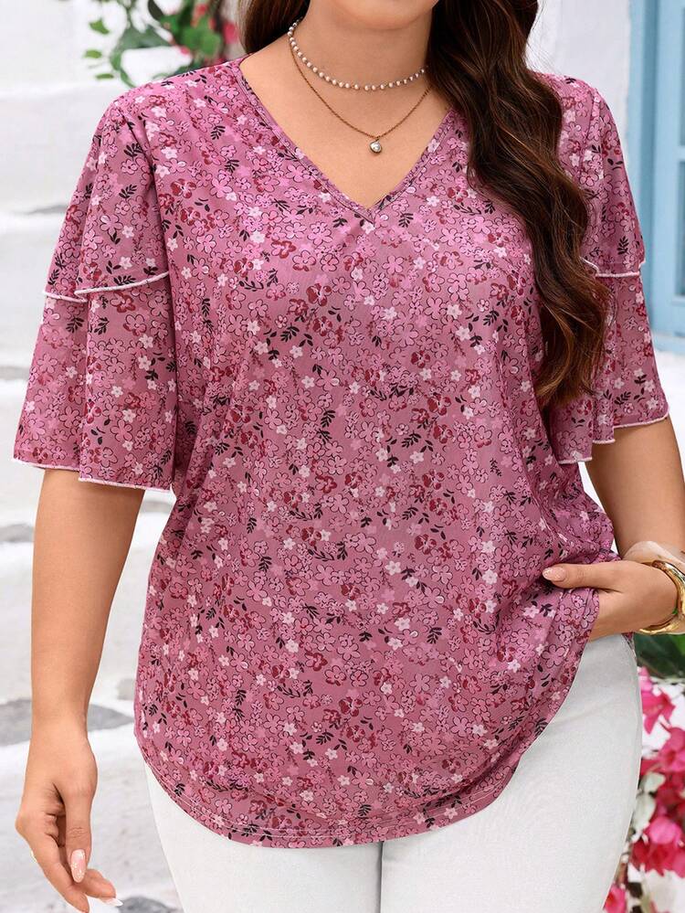 Plus Size Women Summer Vacation Elegant Casual V Neck Short Sleeve  Ditsy Floral Print Ruffle Sleeve Tunic Blouse,Summer Outfits For Women,Summer Holiday,Vacation Outfits Women,Simple And Fashionable For Everyday Wear,Casual Holiday Style,Summer Outfits For Women ,Vacation Outfits Women ,Holiday Outfits For Women,Going Out Outfits, New Clothes,Simple And Fashionable For Everyday Wear,Suitable For Summer, Vacation, Daily Wear, Festival Outfits For Women,Country Concert Outfit,Beach Outfits For Women,Western Style,,Gifts For Mother,Boho  Top,Blouse Top Shirt