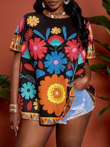 SHEIN CURVE+ Curve 尺码 US22 音乐节、海滨度假、波西米亚风女士热带印花宽松休闲短袖衬衫 - 黑色 - 查看 3