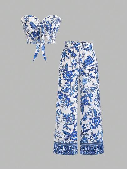 Sweetra Women's Spring/Summer Blue & White Tie-Up Bandeau Top & Comfortable Versatile Wide Leg Straight Pants 2-Piece Set
