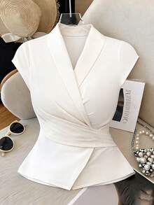 Elenzga 新款V领系腰短袖衬衫，法式设计休闲通勤百搭女式上衣，春秋季 - 杏色 - 查看 4