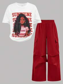 SHEIN 少女休闲街头风圆领可爱印花T恤和裤子套装，红色 - 紅色 - 查看 13
