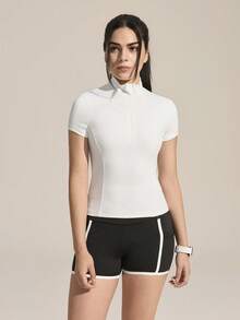 Exploreva Women's Solid Color Mandarin Collar Short Sleeve Top, Contrast Trim Fitted Shorts Outdoor Suit Women's Sportswear Women's Running Wear - Black and White - View 1