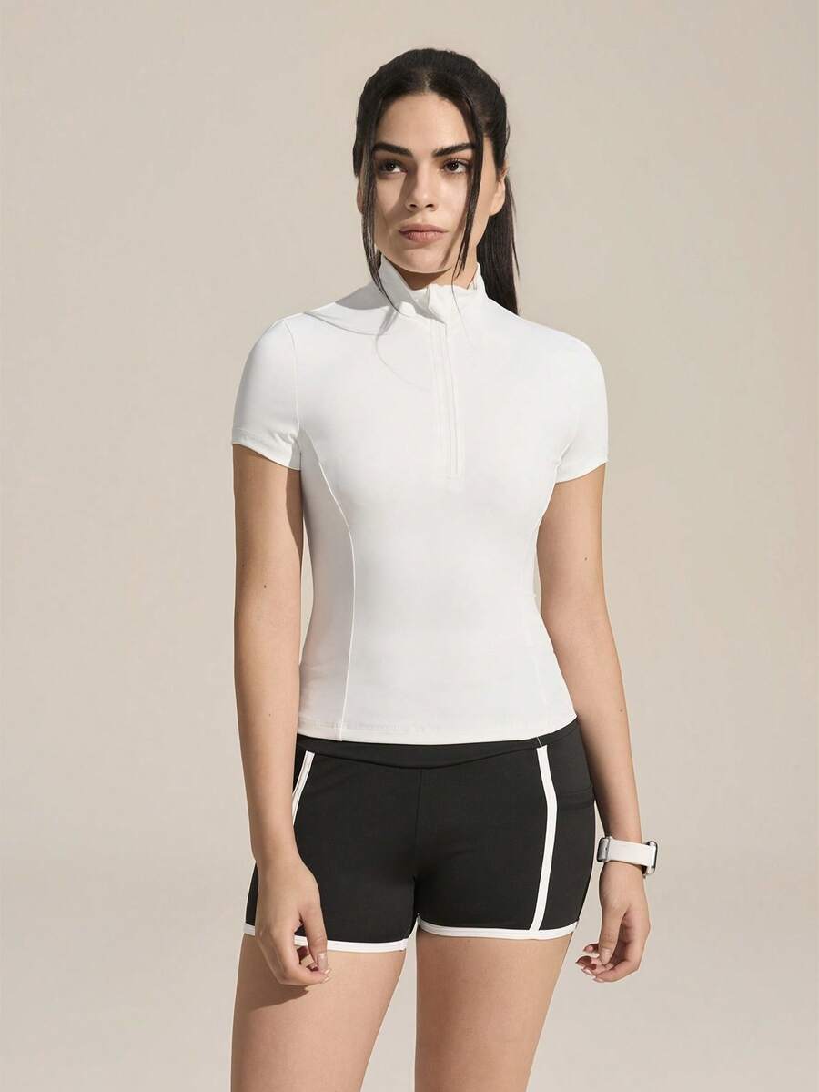 Exploreva Women's Solid Color Mandarin Collar Short Sleeve Top, Contrast Trim Fitted Shorts Outdoor Suit Women's Sportswear Women's Running Wear - Black and White - View 1