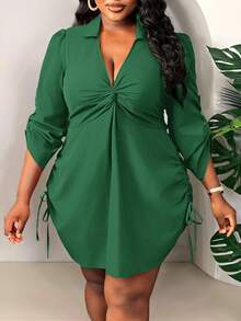 SHEIN CURVE+ 优雅日常通勤派对约会性感修身纯色锈红色长袖褶皱扭结侧边抽绳腰身女士加大码迷你衬衫裙，春秋季沙滩装/沙滩裙/沙滩度假装/沙滩必备/毕业典礼/下午茶会礼服夏季/乡村/沙滩度假装/沙滩装/沙滩服饰 - 綠色 - 查看 5