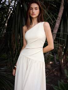 Maija White Asymmetric-Shoulder Drawstring Loose A-Line Dress For Women  Work Outfits For Women Summer Ivory Dress Asymmetrical Dress One Shoulder Dress Elegant Dress Cream Dress - White - View 5