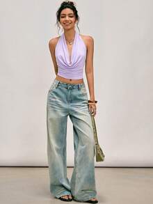 Easelle 复古浅紫色针织吊带露背上衣，紫色露背领可爱衬衫，Y2K 2000年代风格女装，露肩上衣 - 淡紫色 - 查看 5