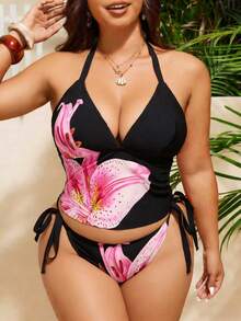 Slaydiva 大码女式两件套印花时尚度假休闲简约隐形收腹高腰三角比基尼泳衣 - 黑色 - 查看 5
