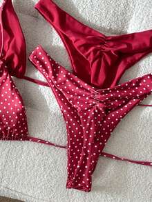 Swim Mod Bộ 4 món bikini chấm bi và đen trơn buộc dây bên hông, kiểu dáng cạp cao, thích hợp cho kỳ nghỉ biển của nữ. - Đỏ - Xem 3