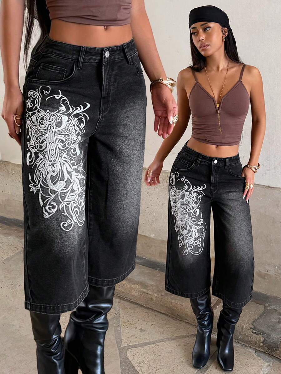 StreetHx Street-Style Washed Embroidered Slant Pocket Capri Jeans - Black - View 1