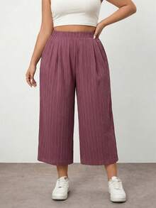 Enliva Plus Size Women's Spring And Summer Fashion Casual Loose Comfortable Cool Daily Basic Versatile Texture Fabric Elastic Waist Pink Wide Leg Pants, Women Bottom, Flowy Pants, Simlpe Style, European Summer, Capri, Vacation Pants, For Apple And Rounded Body Shape - Pink - View 2
