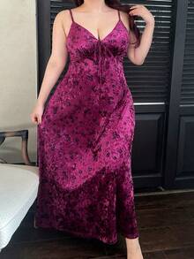 Dazy Plus Flocked Floral Bodycon Sexy Long Sleeve Maxi Nightgown, Plus Size Women Spring/Summer Sleepwear - Hot Pink - View 2