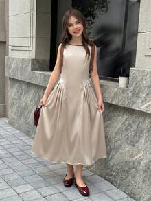 SHEIN 青少年女孩拼色蝴蝶結收腰洋裝，米色夏季優雅派對休閒時尚百搭畢業季母親節返校儀式穿搭 - 彩色 - 查看 7