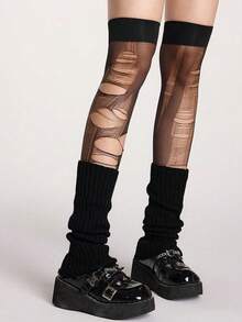ROMWE Goth 1 Par de Meias Pretas Minimalistas Acima do Joelho + 1 Par de Capas de Perna Pretas de Malha Sólida, Combinação de Empilhamento de Meias Acima do Joelho de Cor Sólida Estilo Y2K, Conjunto de Capas de Perna de Meias Transparentes Elásticas Finas, Adequado para Uso Diário (A imagem mostra apenas o efeito, o produto real precisa ser rasgado pelo cliente) - Preto - Visão 1