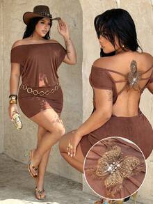Rustia Vestido sexy con escote en la espalda, lazo y bordado de perlas, talla grande, vestido marrón para festival de música, vestido de verano elegante - Marrón - Ver 8