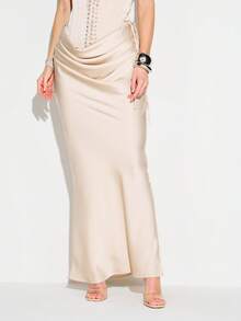 KIZN 女士优雅缎面斜裁垂褶长裙，配系带束腰设计，适合晚宴、婚礼宾客等特殊场合 - 杏色 - 查看 1
