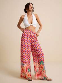 LOTSLUV Women's Fuchsia Ombre Tropical Floral Print Pants, Vacation Style, Spring/Summer - Hot Pink - View 5