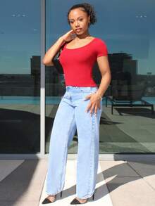 Steph T Solid Color Ribbed Knit Cropped Slim Fit Short Sleeve T-Shirt Summer - Red - View 3