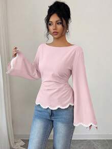 SHEIN Elenzya 1pc Women's Spring/Summer Wavy Heart Woven Trim Ruched Waist Blouse - Pink - View 5