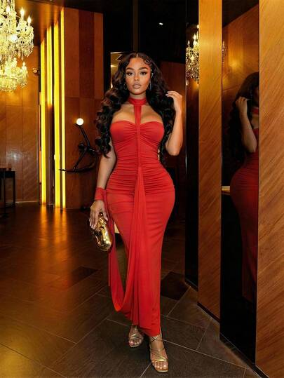 Slaydiva Elegant Lady Party Birthday Bar Nightclub Date Sisters Gathering Sexy Valentine's Day New Year Festival Party Banquet Ball High-End Design Red Halter Backless Long Tight Bodycon Dress For Women