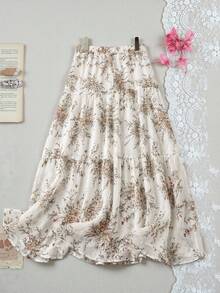 Franclia 大码印花雪纺层叠浪漫半身裙，春夏款 - 杏色 - 查看 6