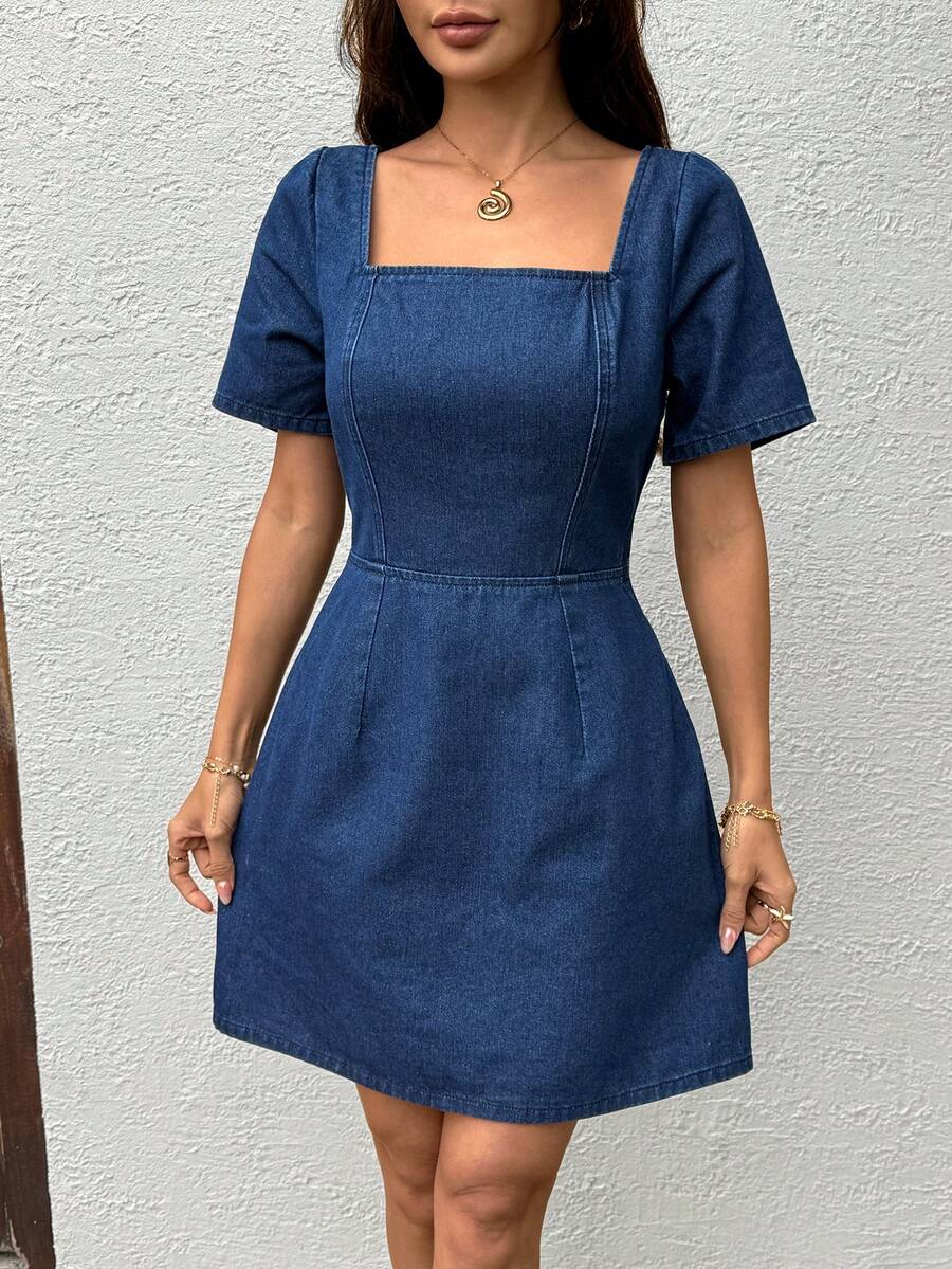 SHEIN 女士方领休闲日常约会外出牛仔连衣裙 - 藍色 - 查看 1