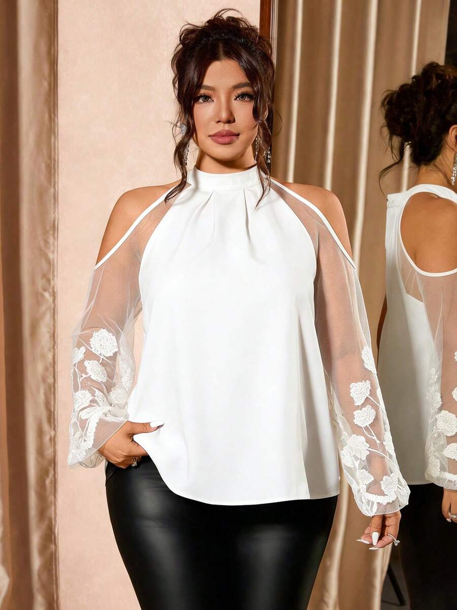 Cravure Plus Size Women Water-Soluble Lace Solid White Long Sleeve Stand Collar Blouse, Elegant - White - View 1