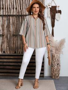 EMERY ROSE Áo sơ mi nữ cỡ lớn, kiểu dáng tối giản, kẻ sọc, cổ chữ V, thích hợp cho mùa hè. Áo kiểu nữ, áo blouse nữ thường ngày, áo nữ hiện đại, áo kiểu mới nhất cho mùa hè. - Nhiều màu - Xem 4