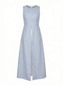 Ellevyn 女士优雅度假条纹蓝白圆领棉麻上衣搭配白色针织弹力裤连体裤，适合度假、通勤、外出、约会、办公等多种场合穿着。 - 彩色 - 查看 3