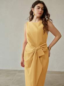 MOTF PREMIUM PLUS SIZE WOMEN'S FRONT KNOT SPLIT DRESS - Yellow - View 5