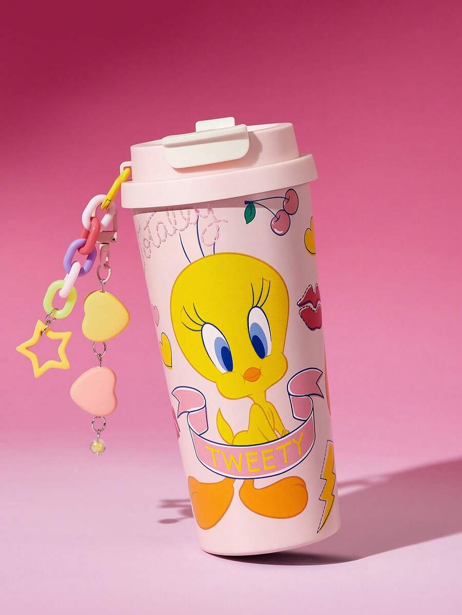 LOONEY TUNES X SHEIN 500毫升/16盎司真空隔热不锈钢杯，配1个防漏盖，适用于冷热饮，适用于大多数车载杯架 - 粉色 - 查看 1