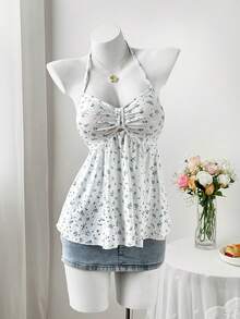 Sweetra Nueva camiseta de tirantes ajustada con estampado floral diminuto y fresco, versátil y dulce para el verano - Blanco - Ver 6