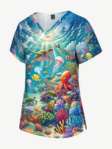 PopScrub 卡通海洋世界及海洋生物印花护士服上衣，V领短袖手术服衬衫，女士护士制服，适合假日、度假及日常穿着 - 彩色 - 查看 5