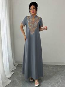 Rafferiza Contrast Color Embroidered Mandarin Collar Rhinestone Embellished Loose Women Long Dress - Grey - View 7
