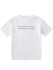 SHEIN Áo thun nữ tay ngắn cổ tròn in chữ, kiểu dáng thường ngày, thích hợp cho mùa hè. - trắng - Xem 5