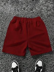 Manfinity Homme 宽松男士外星人字母图案抽绳腰短裤 - 酒紅色 - 查看 2