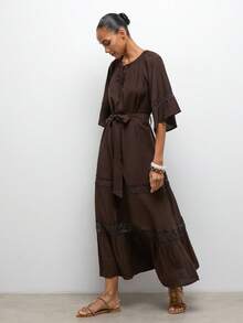 Maija Chocolate Brown Dress With Bell Sleeves, Lace Patchwork A-Line Silhouette, Casual Vacation Beach Wear Graduation Spring Summer Beach Outfits - Brown - View 4