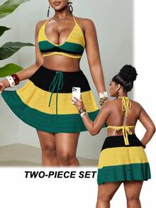 Maweii Women's Plus Size 2 Pieces Summer Sets,Boho Yellow Vacation Holiday Deep V Halter Backless Crop Top And Tie Waist Mini Skirt,Jamaican Sweater Set - Multicolor - View 2