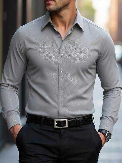Manfinity Mode 男士时尚休闲商务通勤立领纯色长袖衬衫，男士正装衬衫，男士纯色衬衫。适合日常穿着、通勤上班、外出、聚会，可搭配西裤或西装出席派对、婚礼、蜜月等场合。可作为礼物送给儿子、丈夫、男友、父亲。秋季男士时尚正装衬衫，商务休闲男士衬衫，男士奢华衬衫，男士白色图案正装衬衫，男士优雅衬衫。
