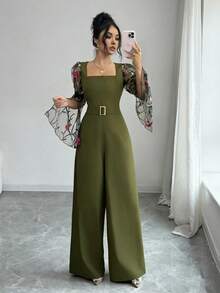 Rafferiza 2026 Frühling/Sommer Neuer eleganter minimalistischer Langarm Jumpsuit für Frauen mit besticktem Mesh-Einsatz, taillierter Passform und Metallknöpfen - Armeegrün - Übersicht 6